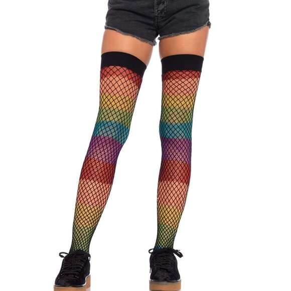 Double Layer Rainbow Fishnet Thigh High Stockings – Festival Rave One Size - Picture 2 of 5